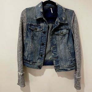 Free People Blue Denim Jacket with Gray Sleeves